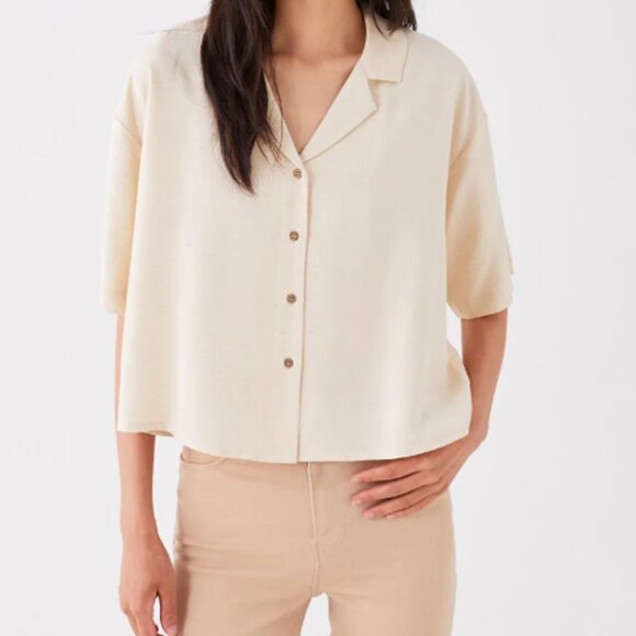 LCW Vision Plain Short Sleeve Linen Blend Women's Shirt - Picture 4 of 7